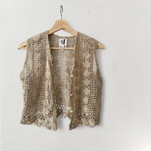 Vintage Crochet Button-Up Vest in Tan